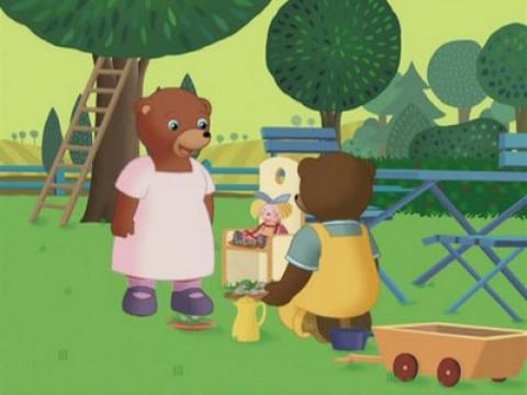 Little Brown Bear plays at the dinner table