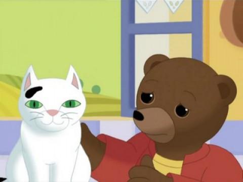 Little Brown Bear plays with the cat