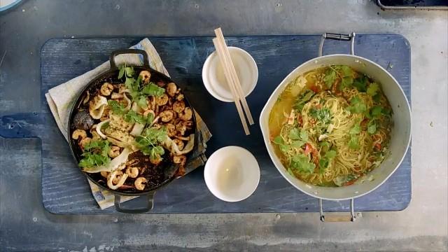 Seafood Platter With Noodle Broth and Veggie Chilli With Tortillas