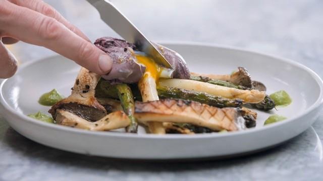 Red Wine Poached Egg, Asparagus, and Mushrooms