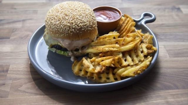 Mexi-Mac Burgers and Waffle Fries with Taco Sauce