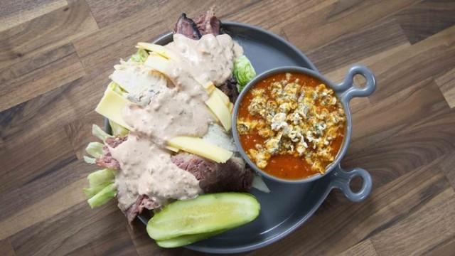 Tomato Soup with Cheddar Dill Popcorn and Reuben Salad
