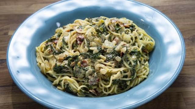 Spaghetti with Bacon and Chard