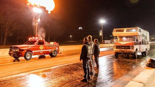 Wheelie Motorhome vs. Little Red Firetruck!