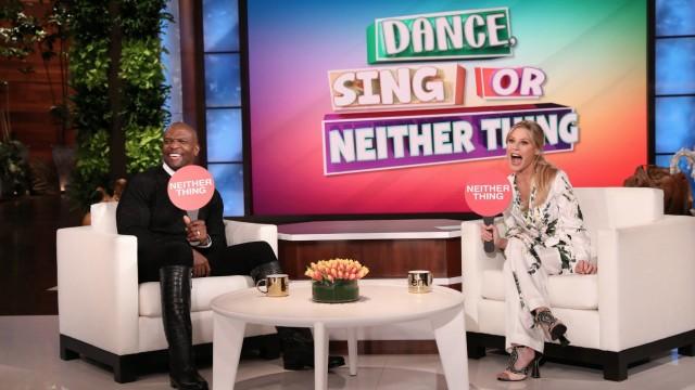 Guest host Julie Bowen with Terry Crews, Pauline Chalamet